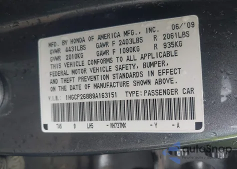 2009 Honda Accord 2.4 Ex-L из США, поврежденный, VIN 1HGCP26889A163151